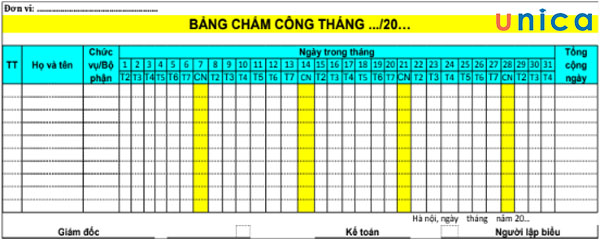 Mẫu bảng chấm công theo ngày