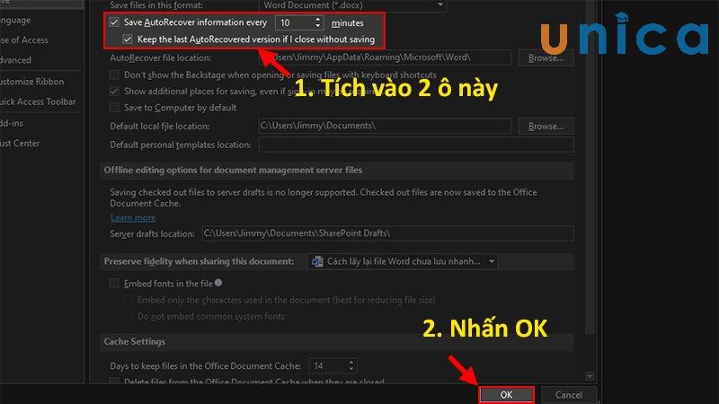 Tích chọn 2 ô Save Autorecover và Keep the last Autosave