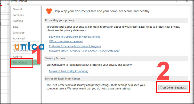 Chọn Trust Center Settings
