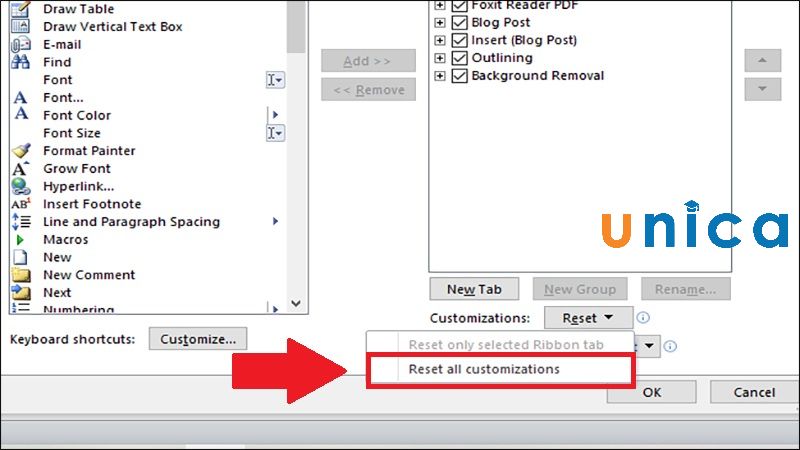 Chọn Reset All Customizations