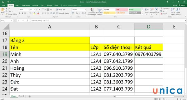 Kết quả của cách loại bỏ dấu chấm trong excel