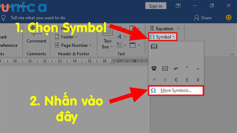 Chọn More Symbols để mở hộp thoại Symbols