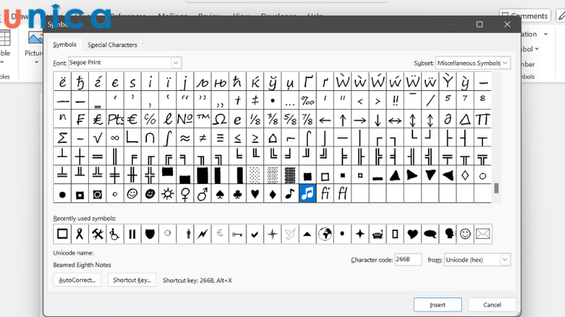 Ví dụ về chèn ký tự âm nhạc, tiền tệ trong Word