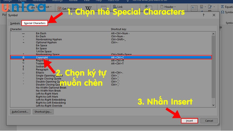  Khi xuất hiện hộp thoại chọn thẻ Special Character 