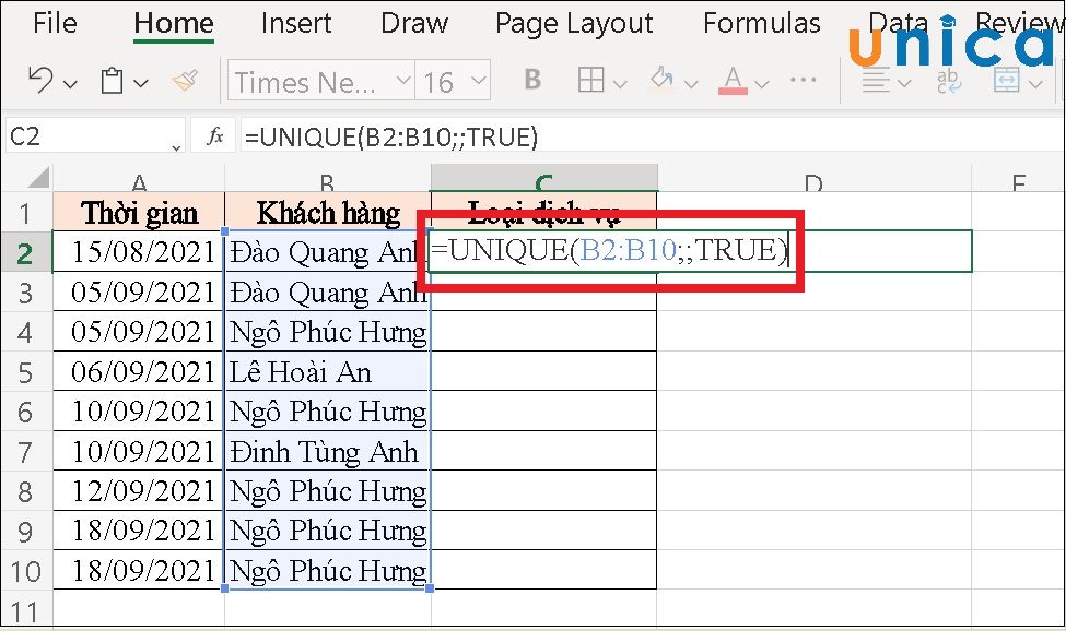 Nhập công thức hàm Unique