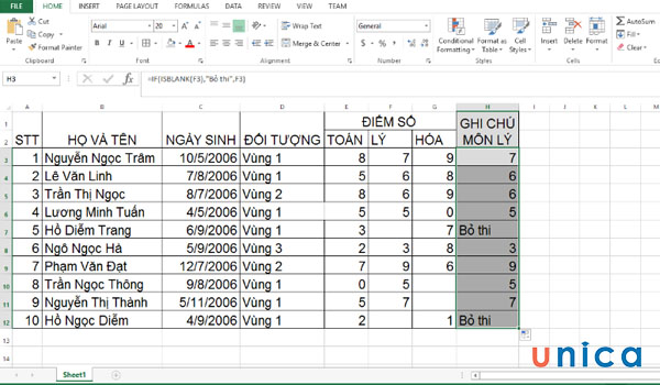 Kết quả của toàn bộ bảng tính