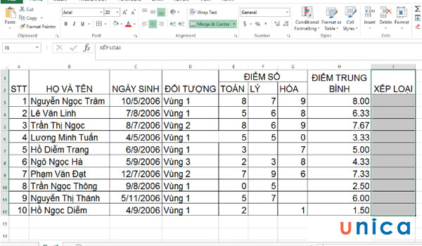 Ví dụ bảng tính cho trước