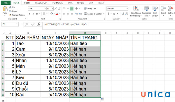 Kết quả hiển thị toàn bộ bảng tính