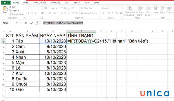 Nhập công thức hàm IF kết hợp hàm TODAY