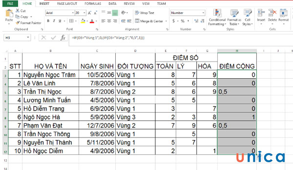 Bảng hiển thị kết quả đúng