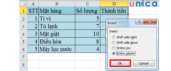 Chọn Entire column để tiến hành chèn cột