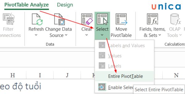 Nhấn phím Delete để xóa vùng PivotTable đã chọn