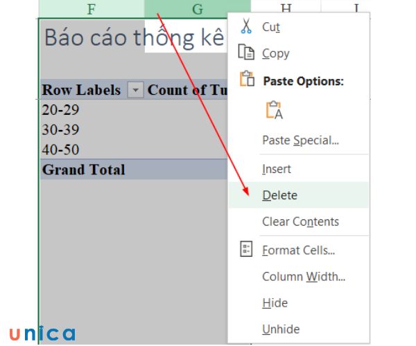 Nhấn chuột trái và chọn nút lệnh Delete