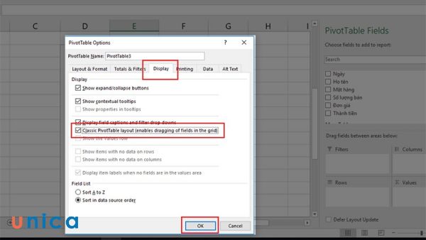 Chọn Classic PivotTable layout (enables dragging of fields in the grid)