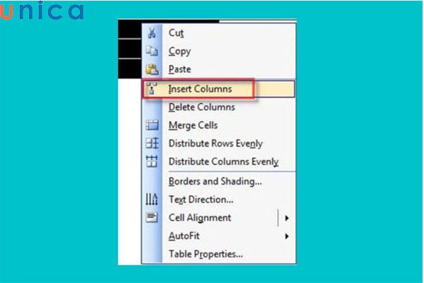 Chọn Insert Columns để thêm cột trong word