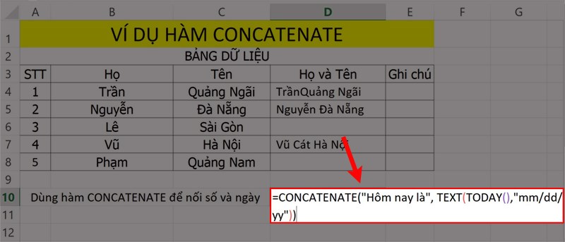 Ví dụ minh họa hàm CONCATENATE nối số và ngày tháng.