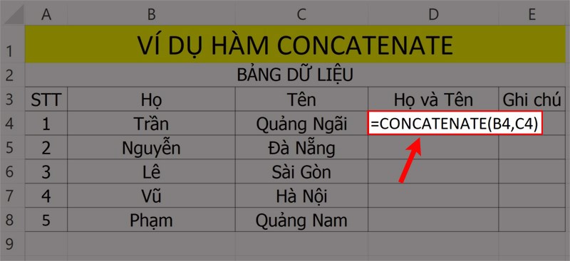 Ví dụ minh họa hàm CONCATENATE nối từ thông thường.