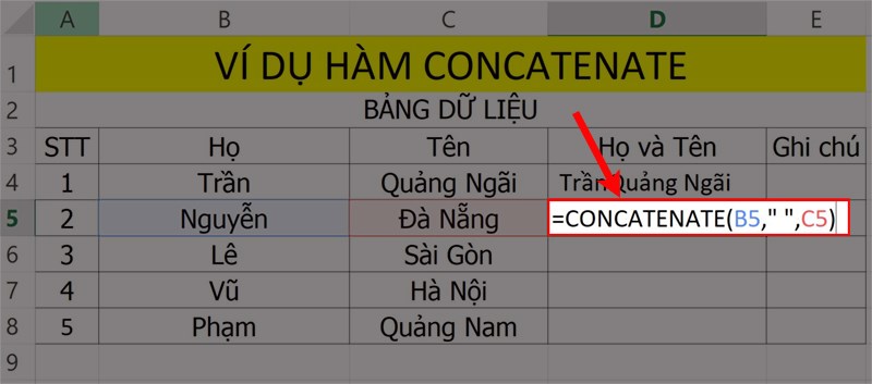 Ví dụ minh họa hàm CONCATENATE nối từ có ký tự khoảng trắng.