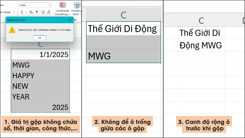 Lưu ý khi nối ô trong Excel bằng Justify