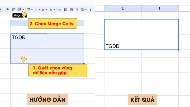 Chọn các ô liền kề nhau mà bạn muốn gộp > Chọn Merge Cells