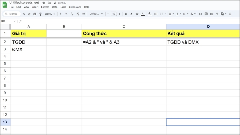 Gộp ô trong Google Sheets bằng dấu nối & 