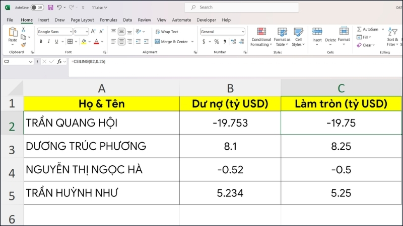 Cách làm tròn số trong Excel bằng hàm CEILING