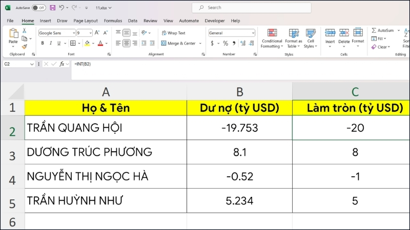 Cách làm tròn số trong Excel bằng hàm INT