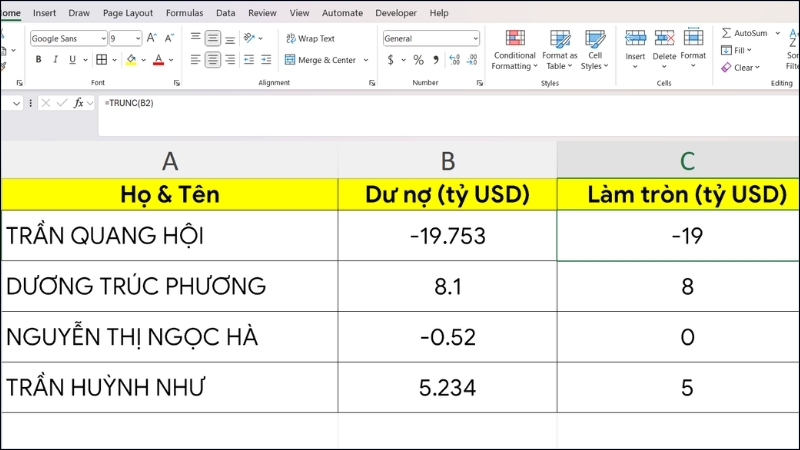 Cách làm tròn số trong Excel bằng hàm TRUNC