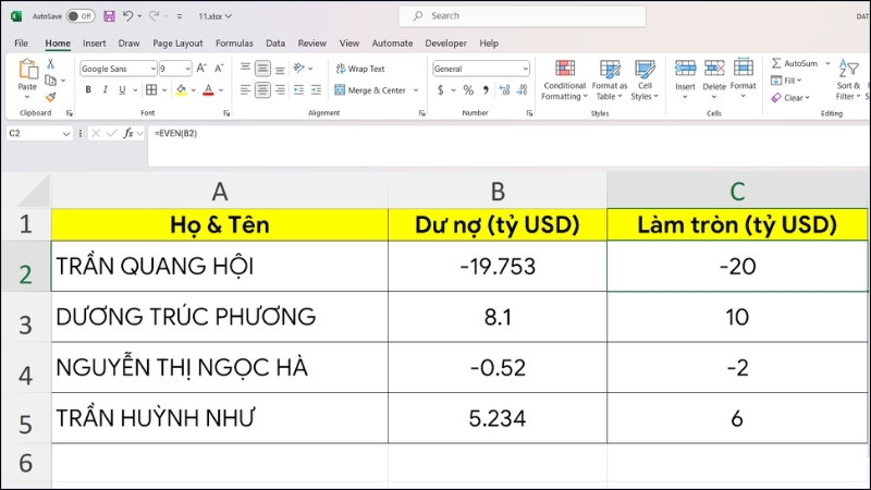 Cách làm tròn số trong Excel bằng hàm EVEN