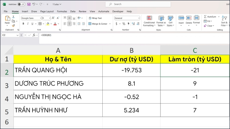 Cách làm tròn số trong Excel bằng hàm ODD