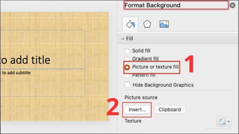 Nhấn chọn Picture or texture fill > Chọn Insert tại mục Picture source