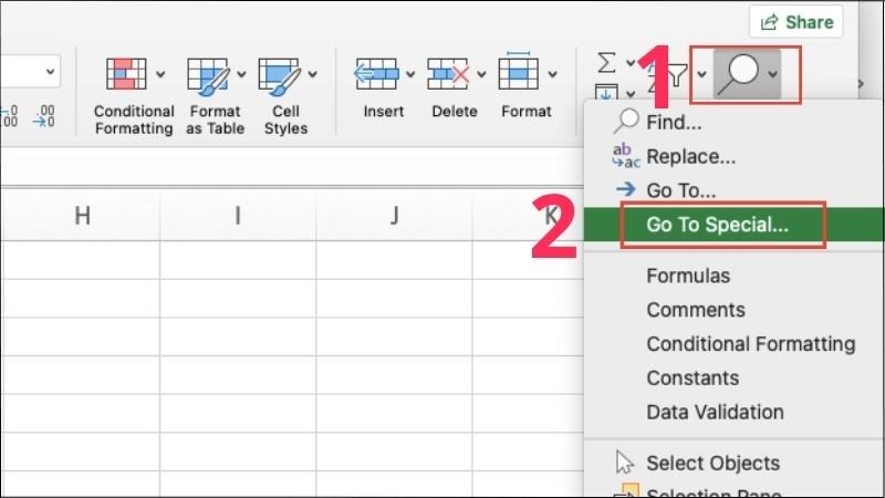 Chọn tab Home > Chọn Find & Select > Chọn Go to Spectial