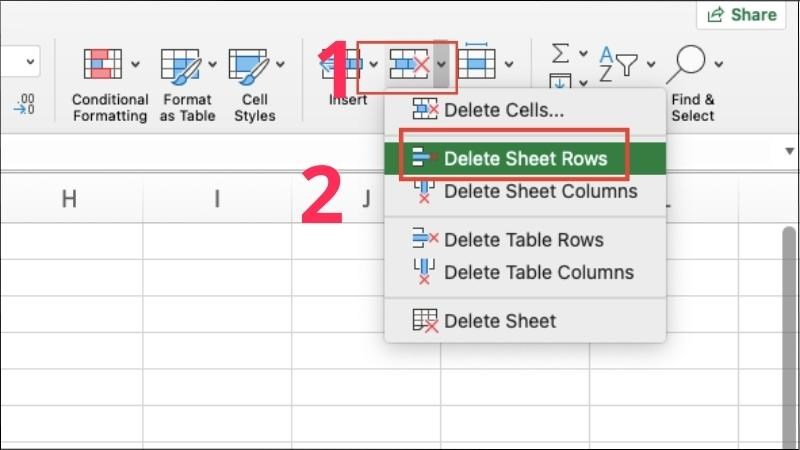 Chọn tab Home > Chọn Delete > Chọn Delete Sheet Rows