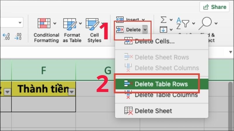 Chọn Delete trong Home > Chọn Delete Sheet Rows