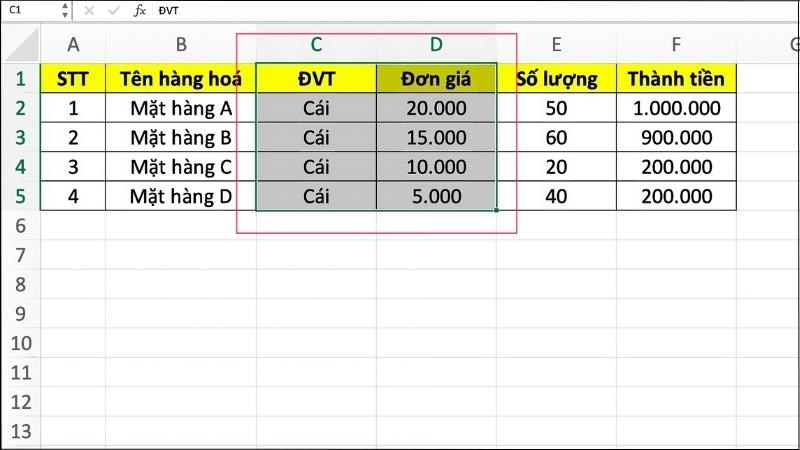 Chọn vị trí cụ thể trong bảng dữ liệu mà bạn muốn xoá khung