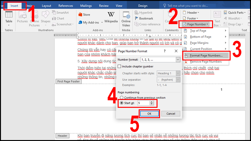 Thao tác đánh số trang Word từ số lớn hơn 1
