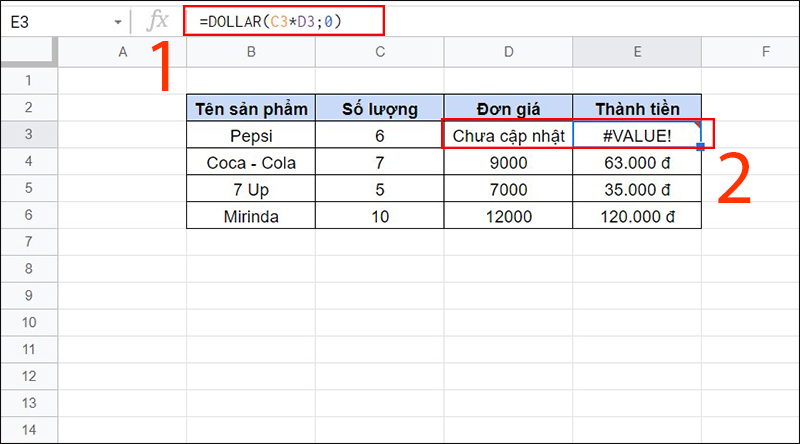 Lỗi #VALUE! ở cột thành tiền