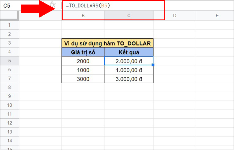 Ví dụ về hàm TO_DOLLAR