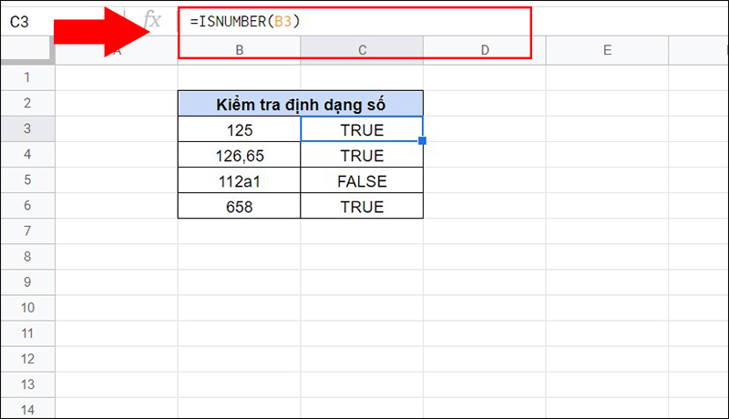 Sử dụng hàm ISNUMBER để kiểm tra định dạng số