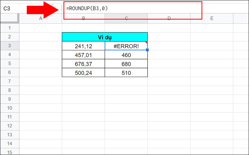 Lỗi #ERROR! của hàm ROUNDUP