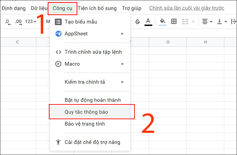 Chọn Quy tắc thông báo trong Công cụ