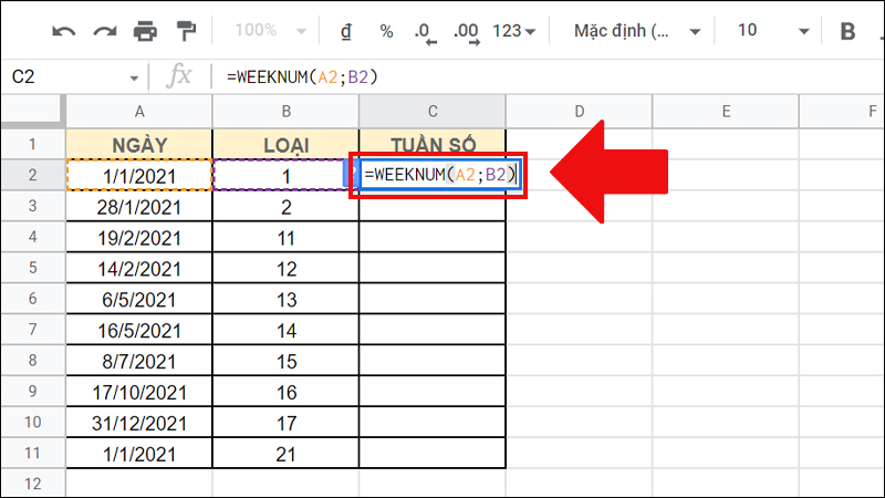 Nhập công thức tại ô C2: =WEEKNUM(A2;B2)