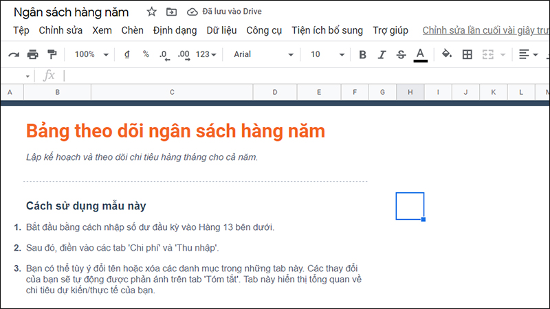 Dòng kẻ trong Google Sheets đã được ẩn.