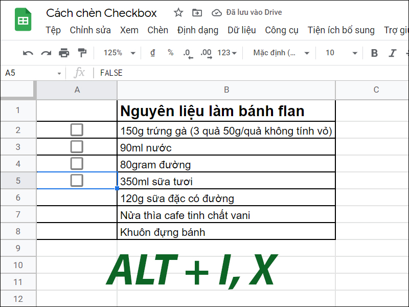 Chèn checkbox bằng phím tắt