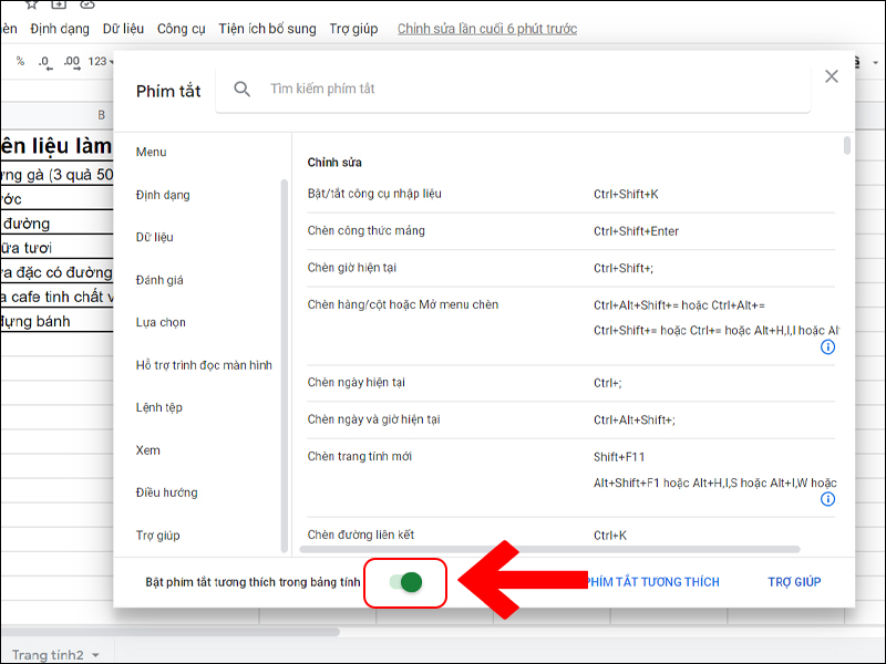 Kích hoạt sử dụng phím tắt trong Google Sheets