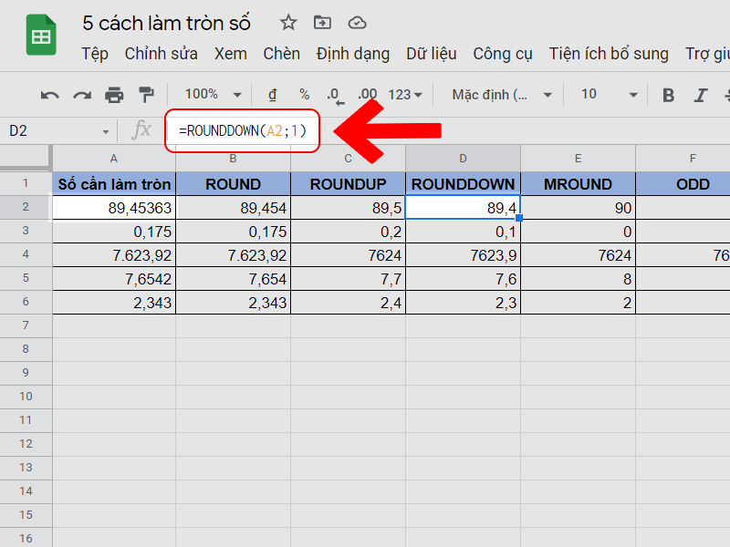 Làm tròn số bằng hàm ROUNDDOWN