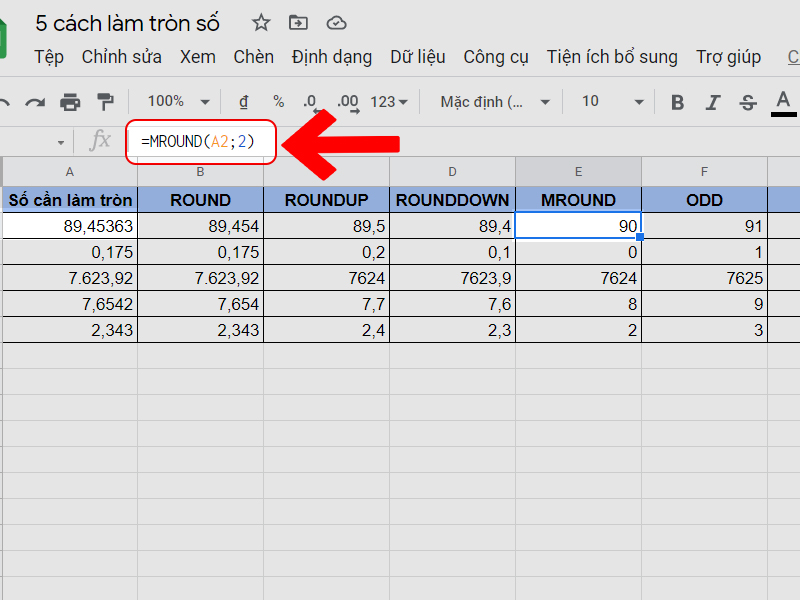 Làm tròn số bằng hàm MROUND