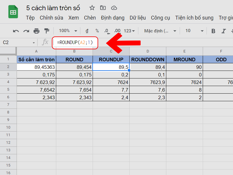 Làm tròn số bằng hàm ROUNDUP