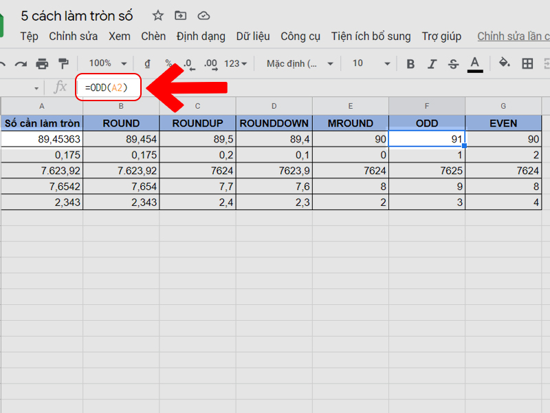 Làm tròn số bằng hàm ODD