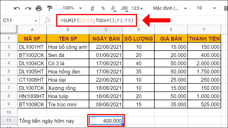 Kết hợp hàm SUMIF và TODAY